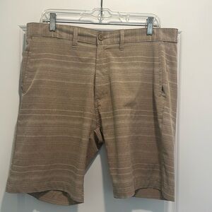 BURNSIDE men’s shorts. 34W, tan with lighter tan stripes